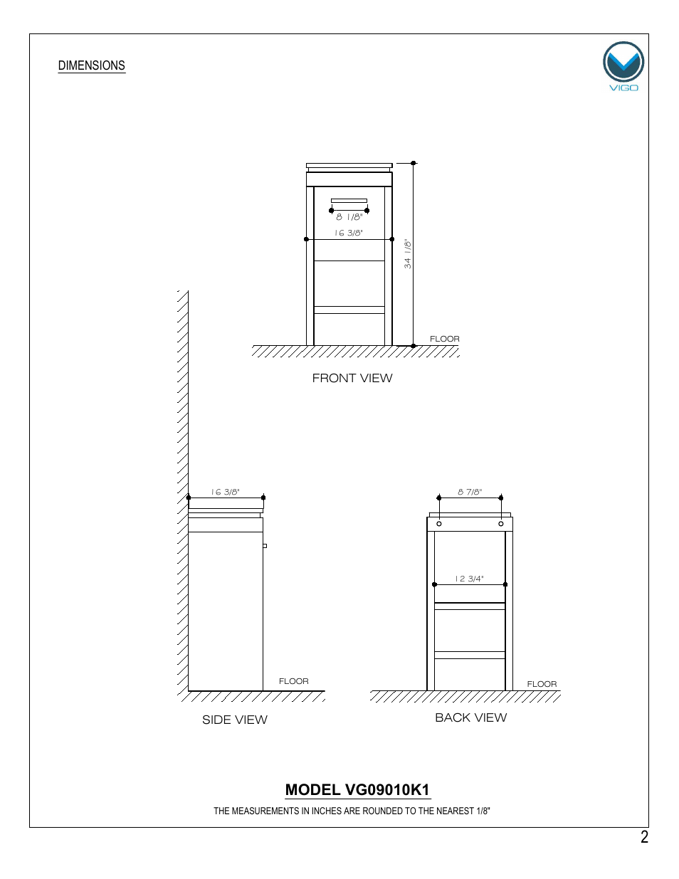 Dimensions | Vigo VG09010K1 User Manual | Page 2 / 7