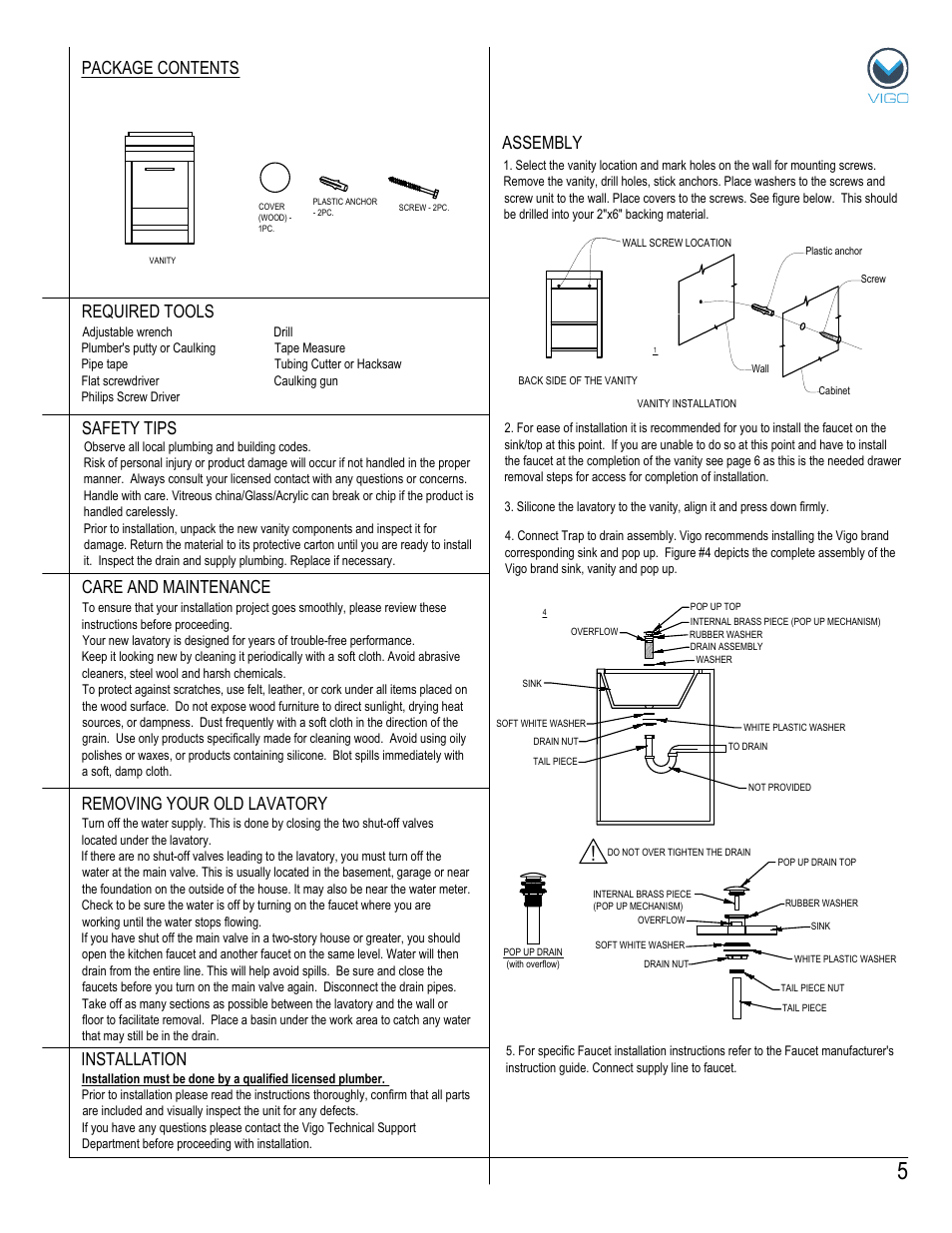 Assembly package contents, Removing your old lavatory | Vigo VG09010K1 User Manual | Page 5 / 7