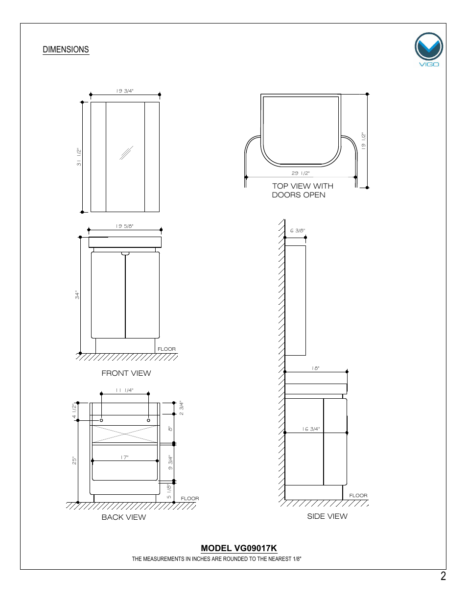 Dimensions | Vigo VG09017K User Manual | Page 2 / 7