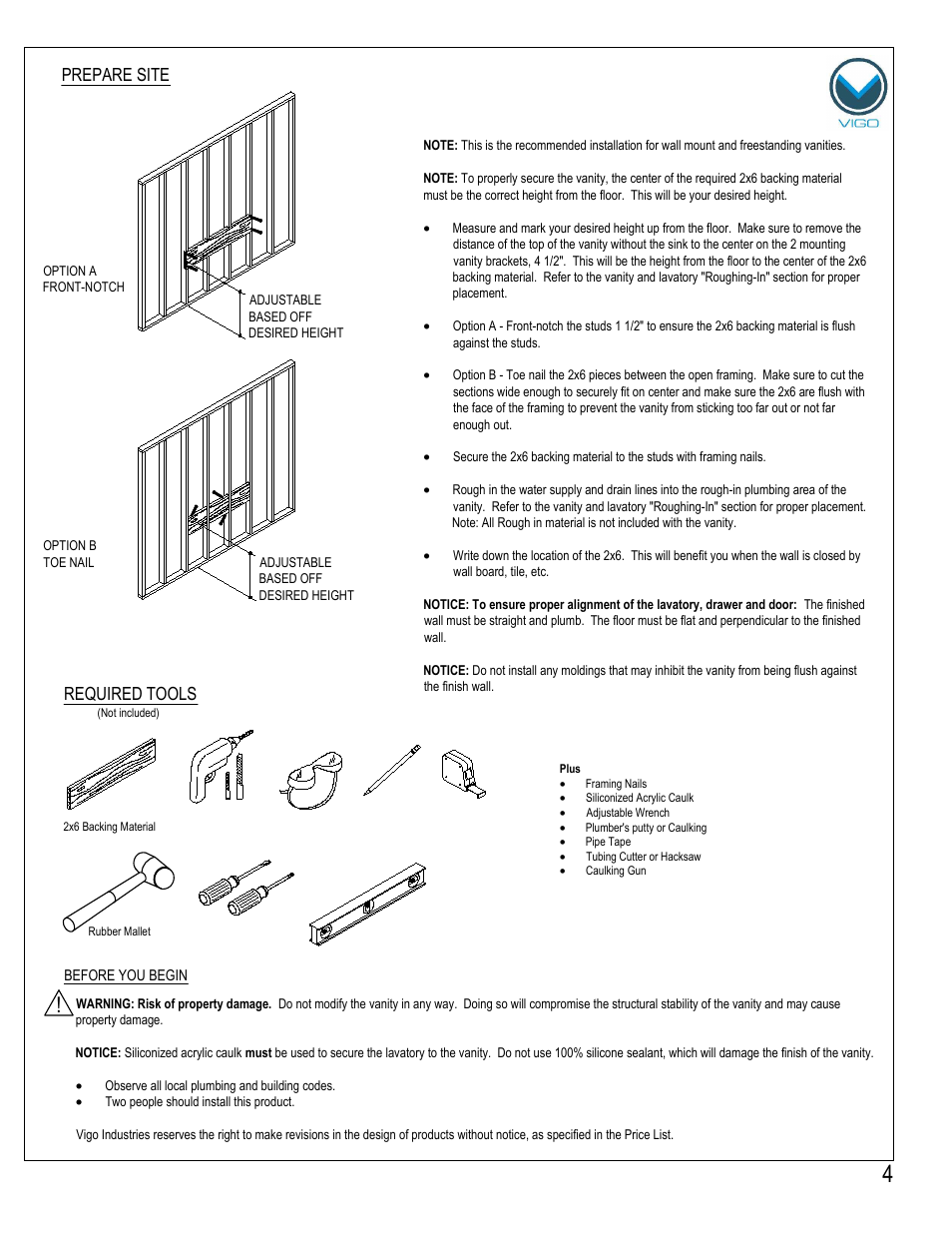 Required tools, Prepare site | Vigo VG09017K User Manual | Page 4 / 7