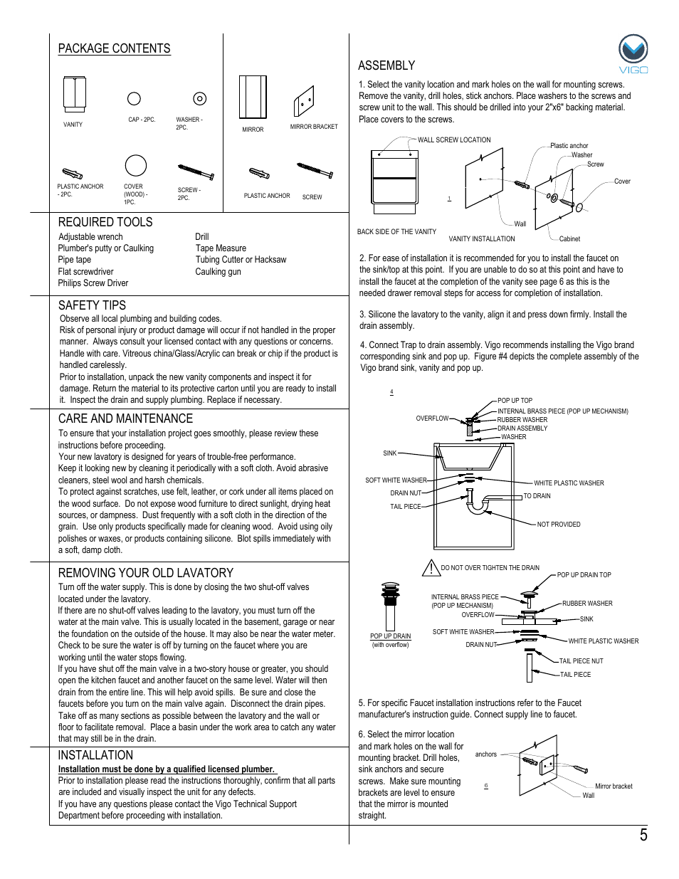 Assembly package contents, Removing your old lavatory | Vigo VG09017K User Manual | Page 5 / 7