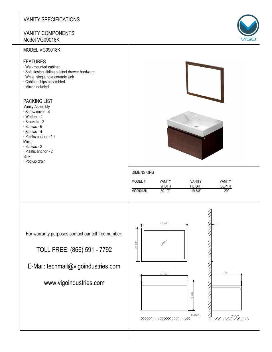 Vigo VG09018K User Manual | 7 pages