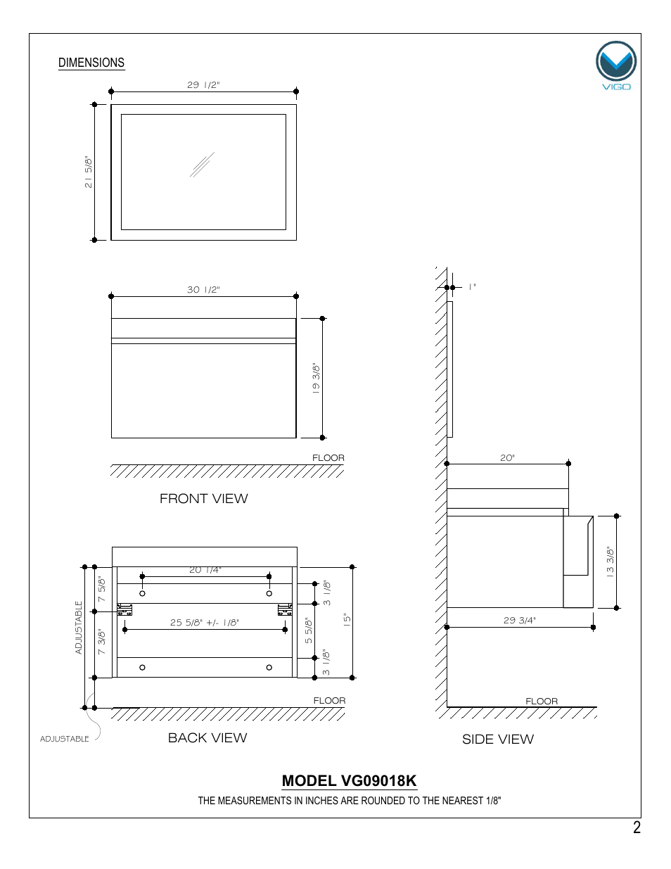Front view, Side view back view, Dimensions | Vigo VG09018K User Manual | Page 2 / 7