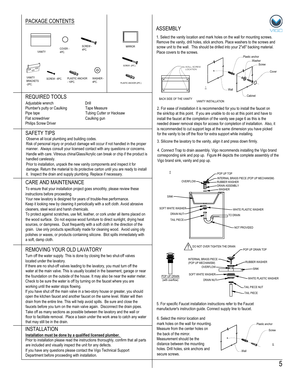 Assembly package contents, Removing your old lavatory | Vigo VG09018K User Manual | Page 5 / 7