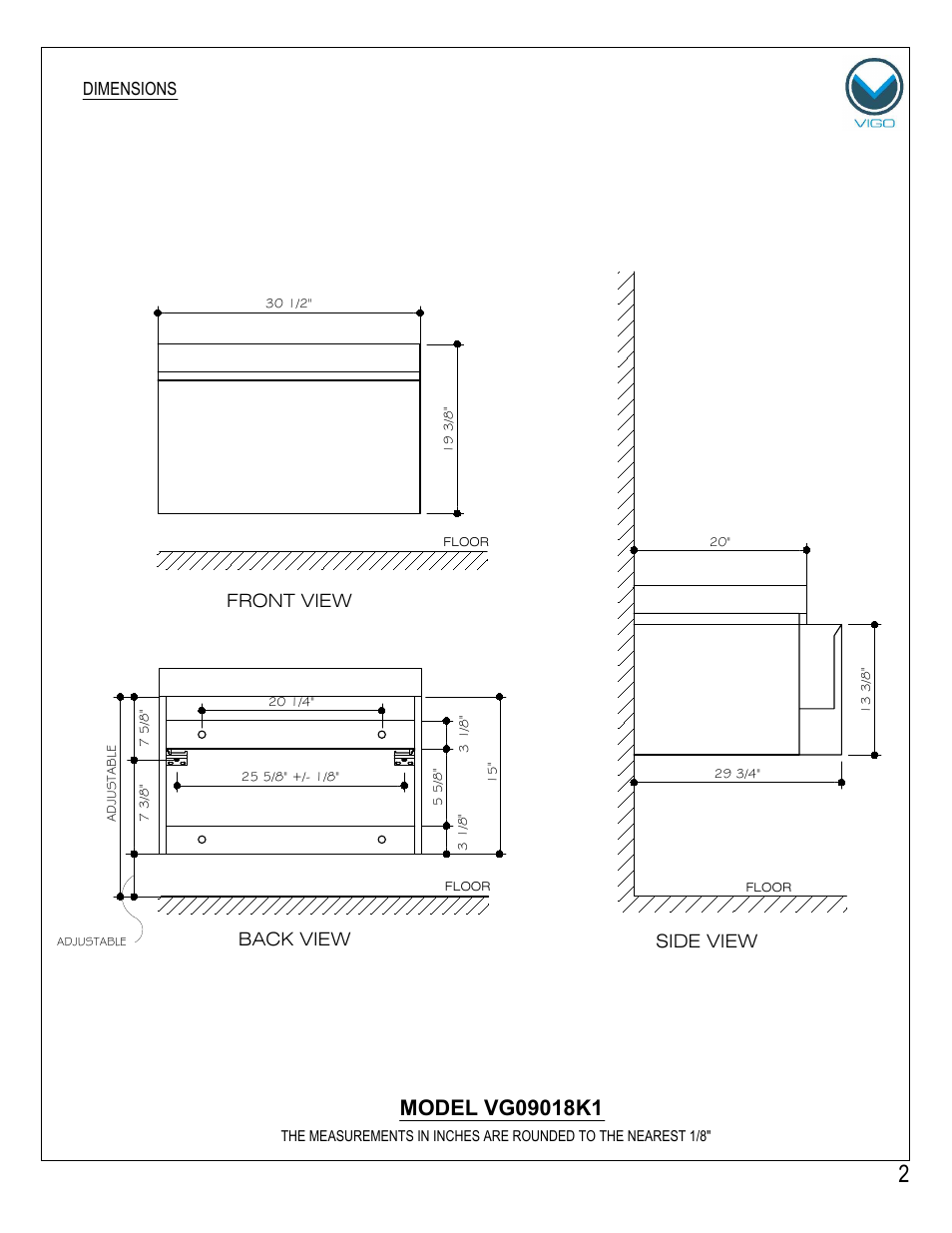 Front view, Side view back view, Dimensions | Vigo VG09018K1 User Manual | Page 2 / 7