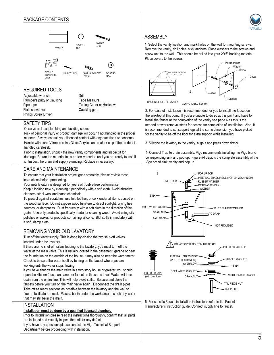 Assembly package contents, Removing your old lavatory | Vigo VG09018K1 User Manual | Page 5 / 7