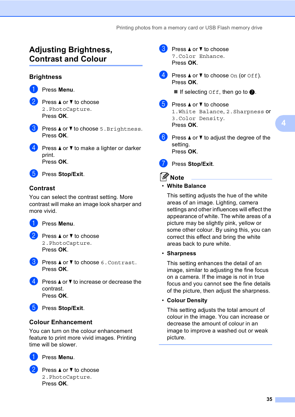 Adjusting brightness, contrast and colour, Brightness, Contrast | Colour enhancement, 4adjusting brightness, contrast and colour | Brother DCP-157C User Manual | Page 43 / 99