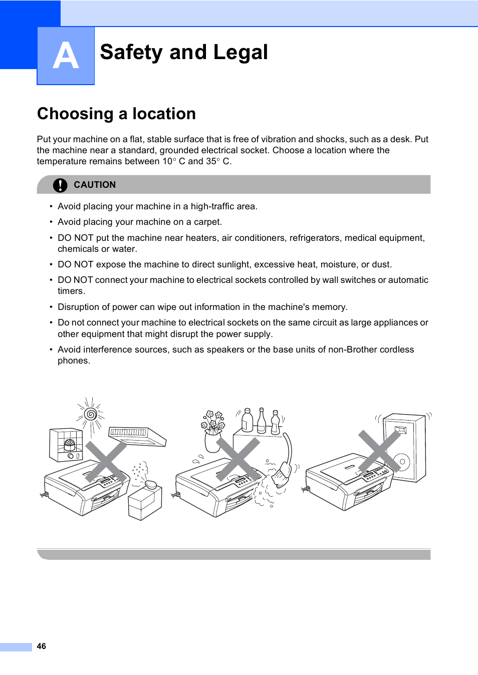 A safety and legal, Choosing a location, Safety and legal | Brother DCP-157C User Manual | Page 54 / 99