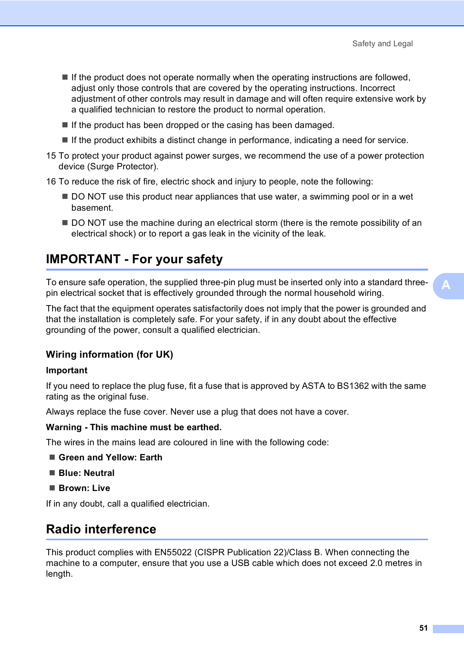 Important - for your safety, Radio interference, Important - for your safety radio interference | Brother DCP-157C User Manual | Page 59 / 99