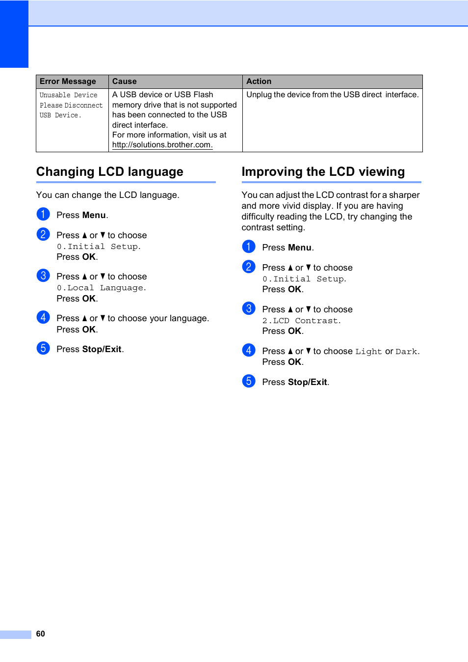 Changing lcd language, Improving the lcd viewing, Changing lcd language improving the lcd viewing | Brother DCP-157C User Manual | Page 68 / 99