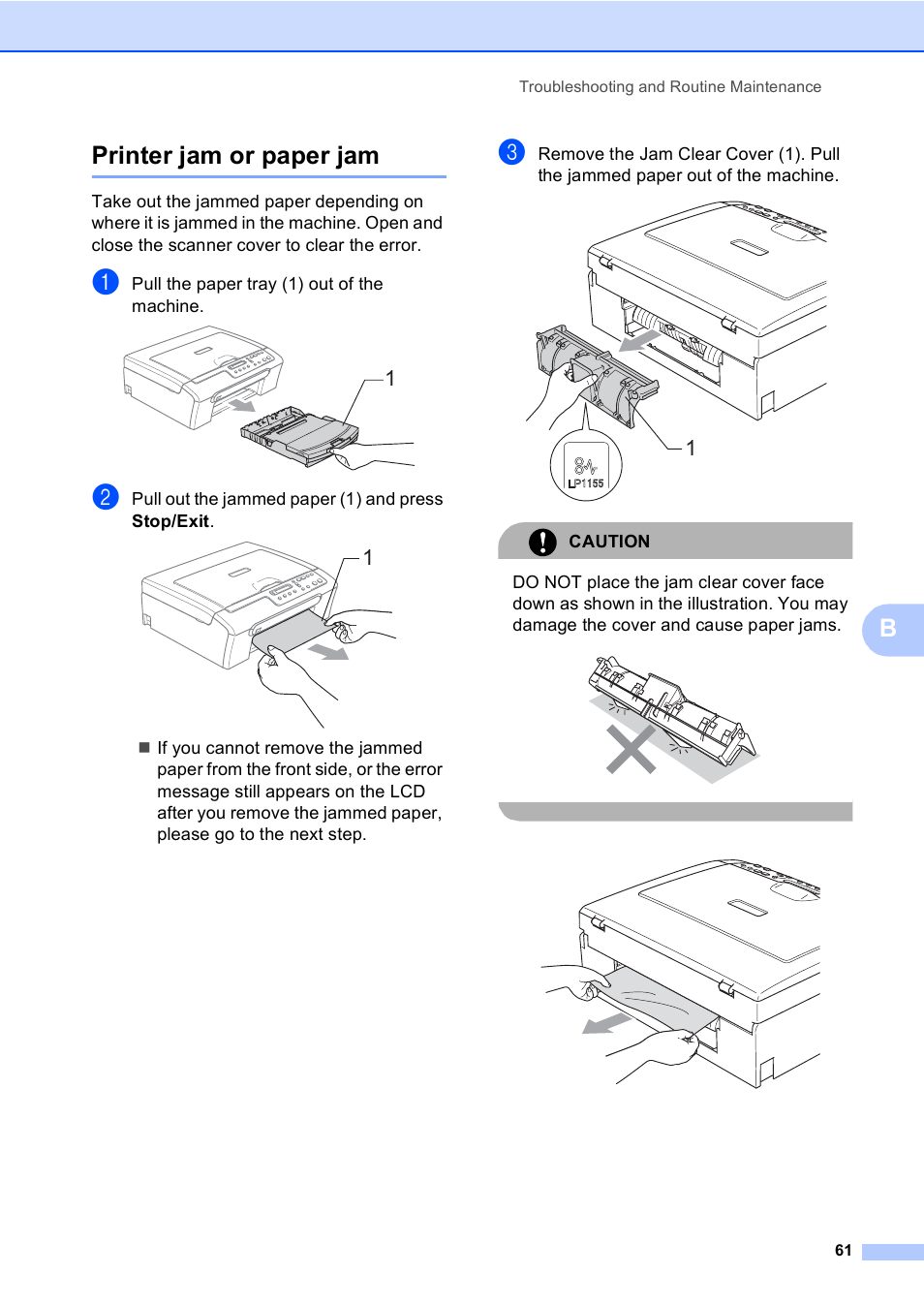 Printer jam or paper jam, Bprinter jam or paper jam | Brother DCP-157C User Manual | Page 69 / 99