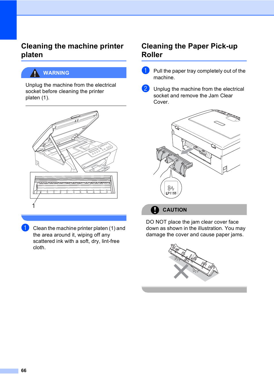 Cleaning the machine printer platen, Cleaning the paper pick-up roller, Warning | Pull the paper tray completely out of the machine, Caution | Brother DCP-157C User Manual | Page 74 / 99