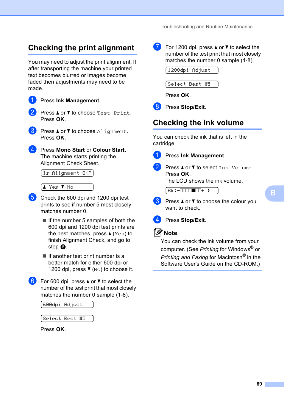 Checking the print alignment, Checking the ink volume, Bchecking the print alignment | Brother DCP-157C User Manual | Page 77 / 99