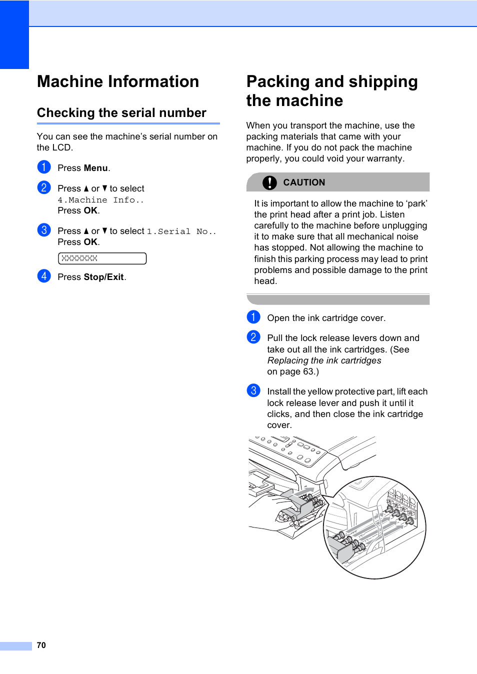 Machine information, Checking the serial number, Packing and shipping the machine | Brother DCP-157C User Manual | Page 78 / 99