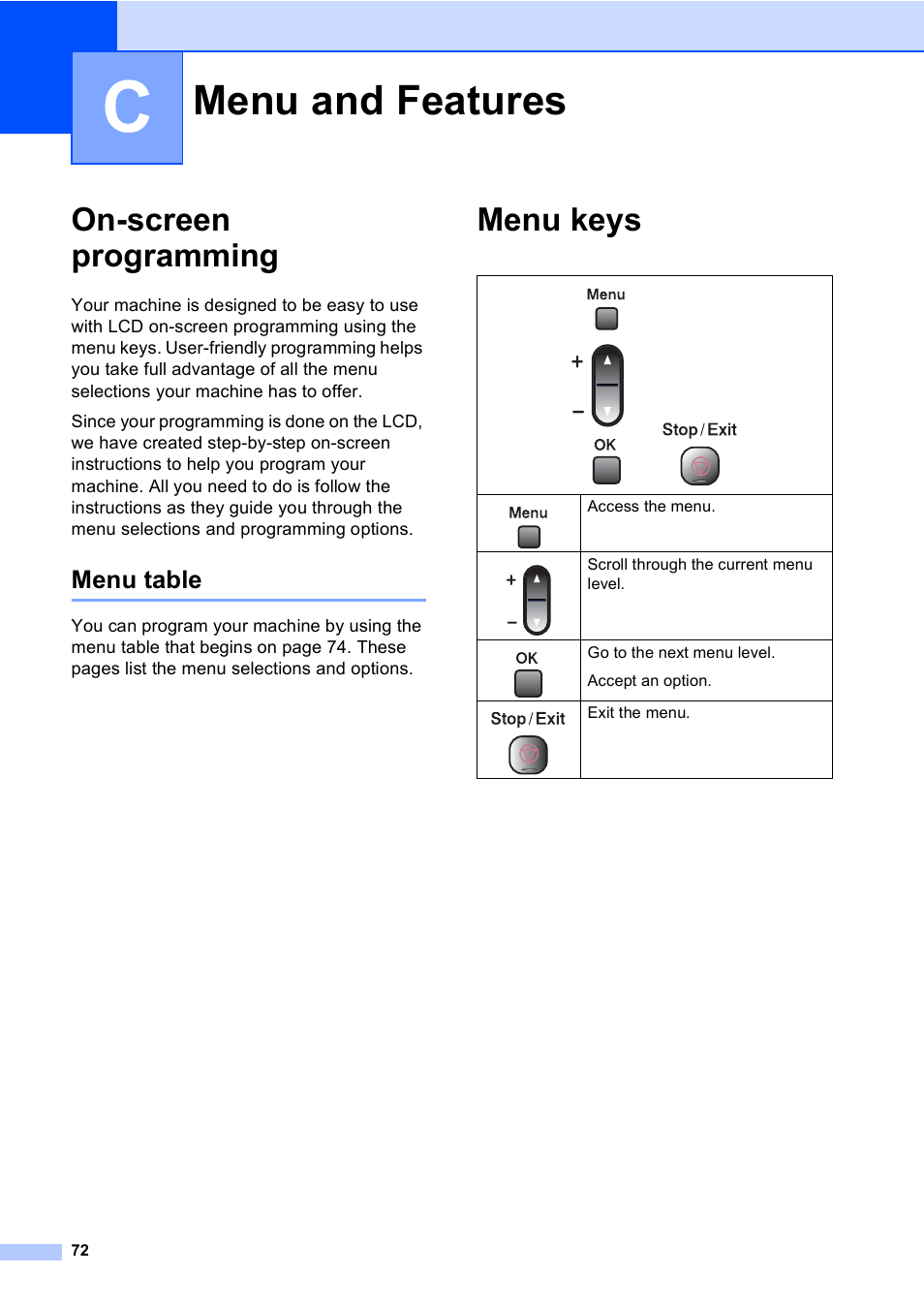 C menu and features, On-screen programming, Menu table | Menu keys, Menu and features | Brother DCP-157C User Manual | Page 80 / 99