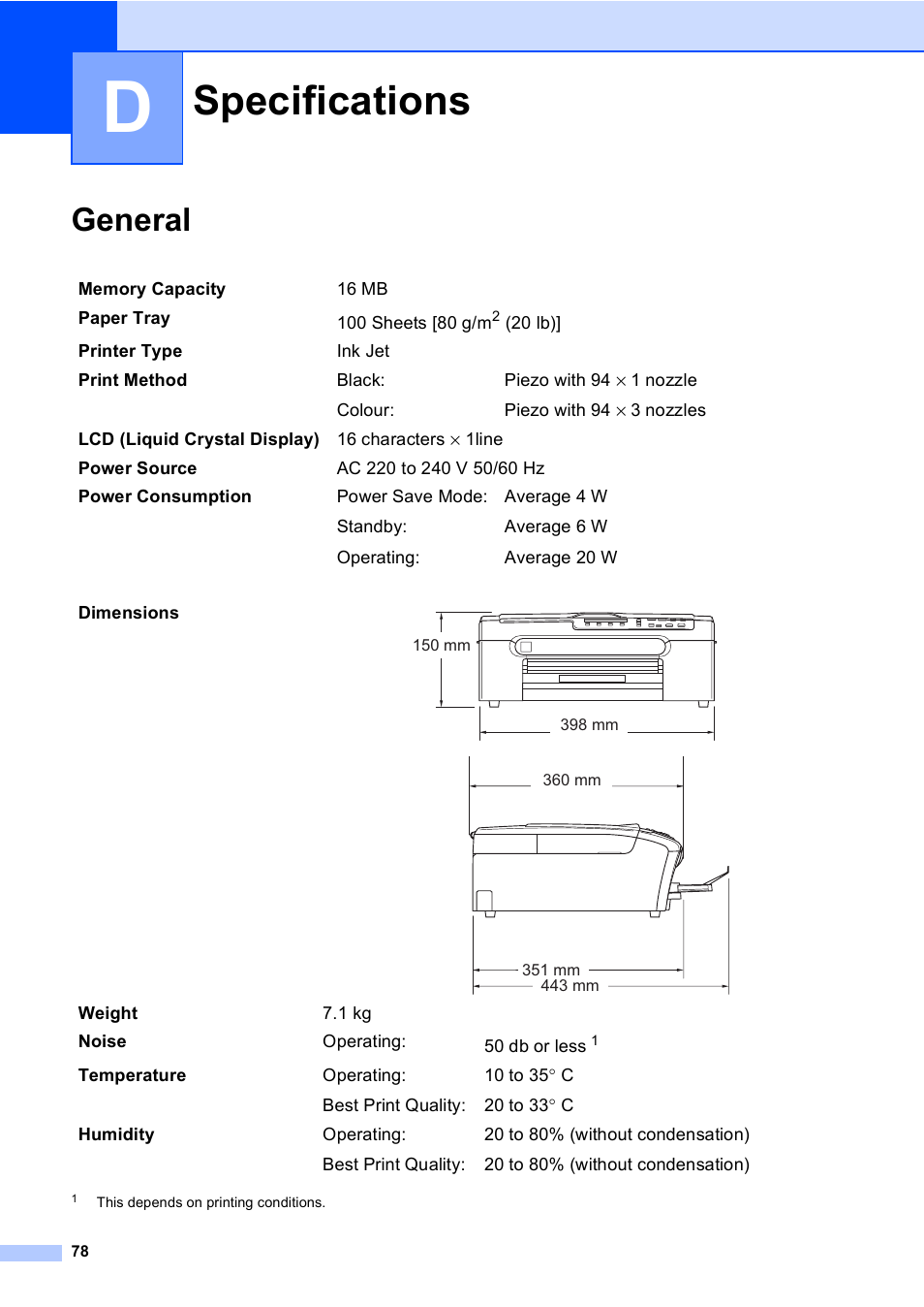 D specifications, General, Specifications | Brother DCP-157C User Manual | Page 86 / 99