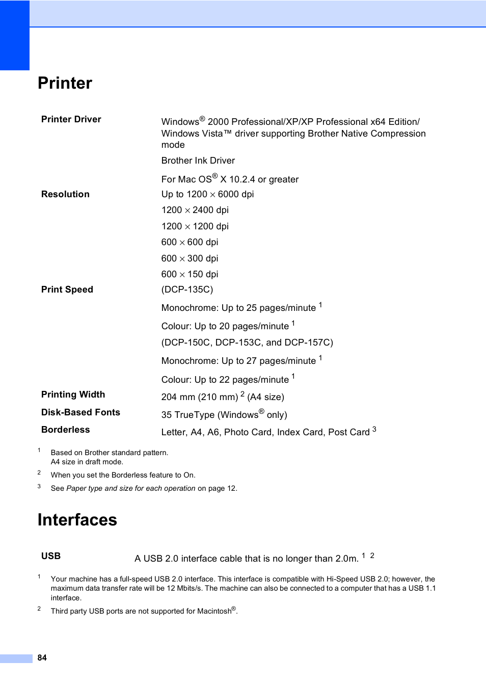 Printer, Interfaces, Printer interfaces | Brother DCP-157C User Manual | Page 92 / 99