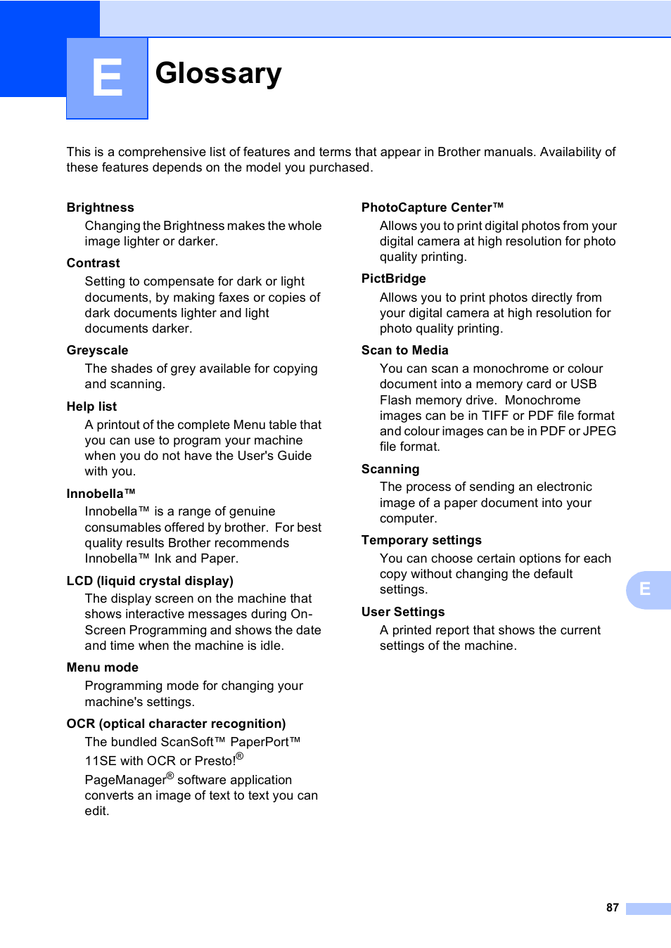 E glossary, Glossary | Brother DCP-157C User Manual | Page 95 / 99