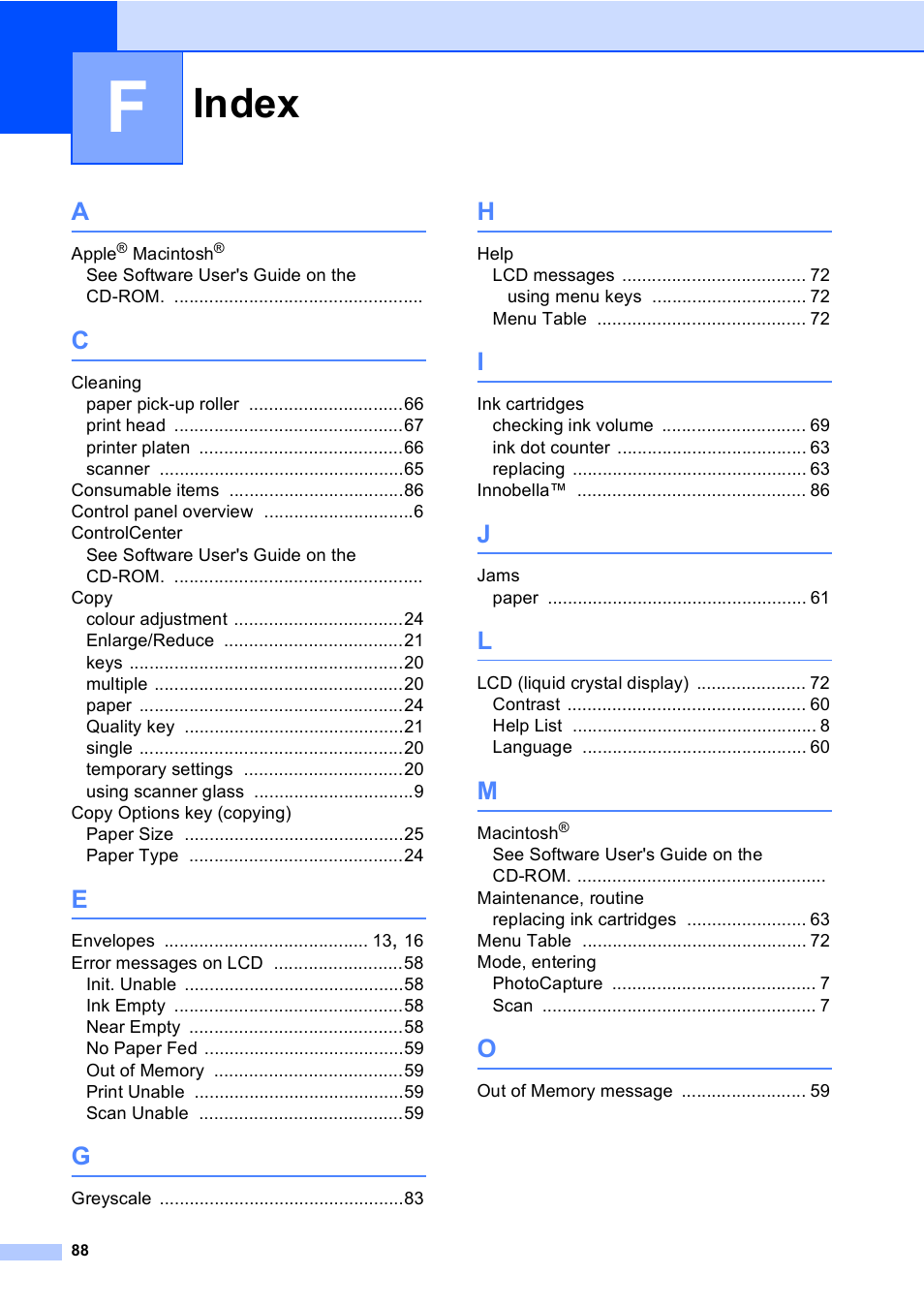 Index | Brother DCP-157C User Manual | Page 96 / 99