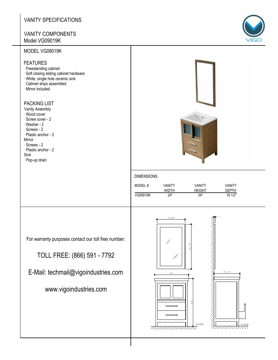 Vigo VG09019K User Manual | 7 pages