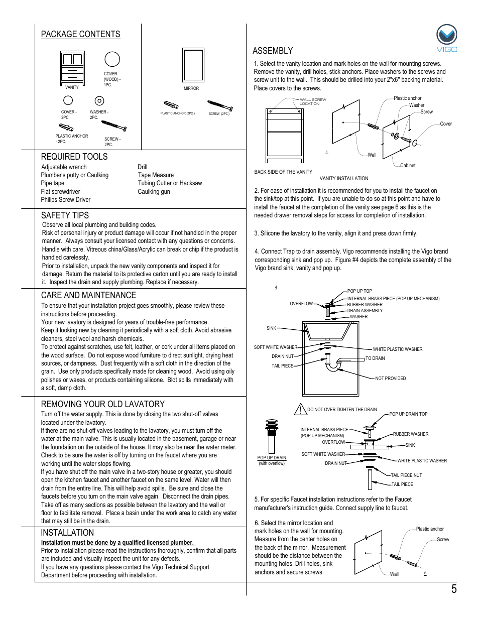 Assembly package contents, Removing your old lavatory | Vigo VG09019K User Manual | Page 5 / 7