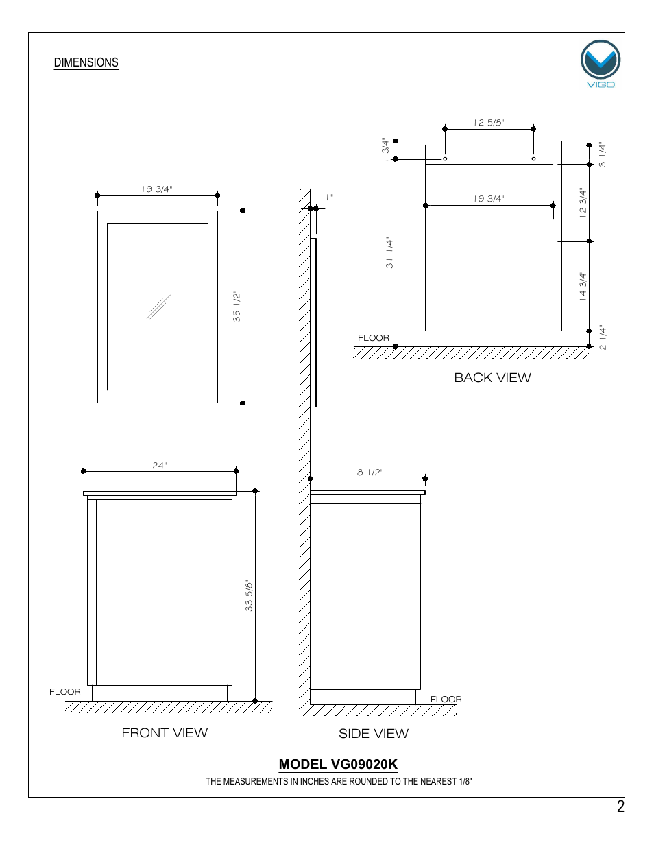 Front view, Side view, Back view | Dimensions | Vigo VG09020K User Manual | Page 2 / 7