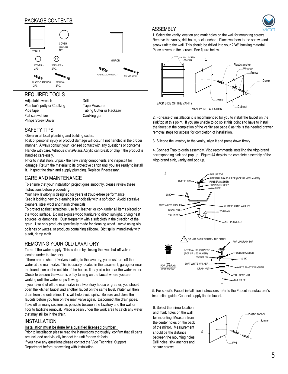 Assembly package contents, Removing your old lavatory | Vigo VG09020K User Manual | Page 5 / 7