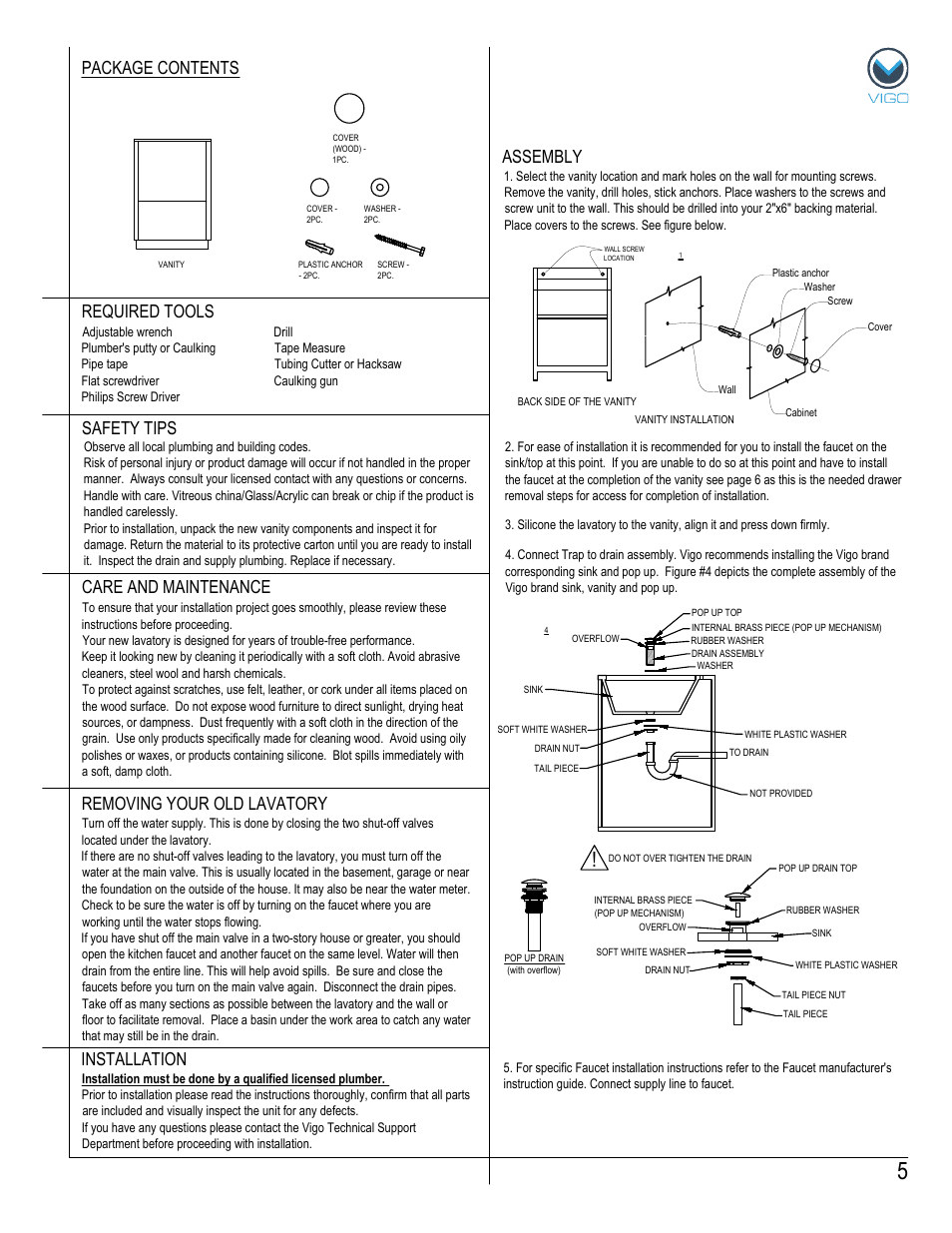 Assembly package contents, Removing your old lavatory | Vigo VG09020K1 User Manual | Page 5 / 7