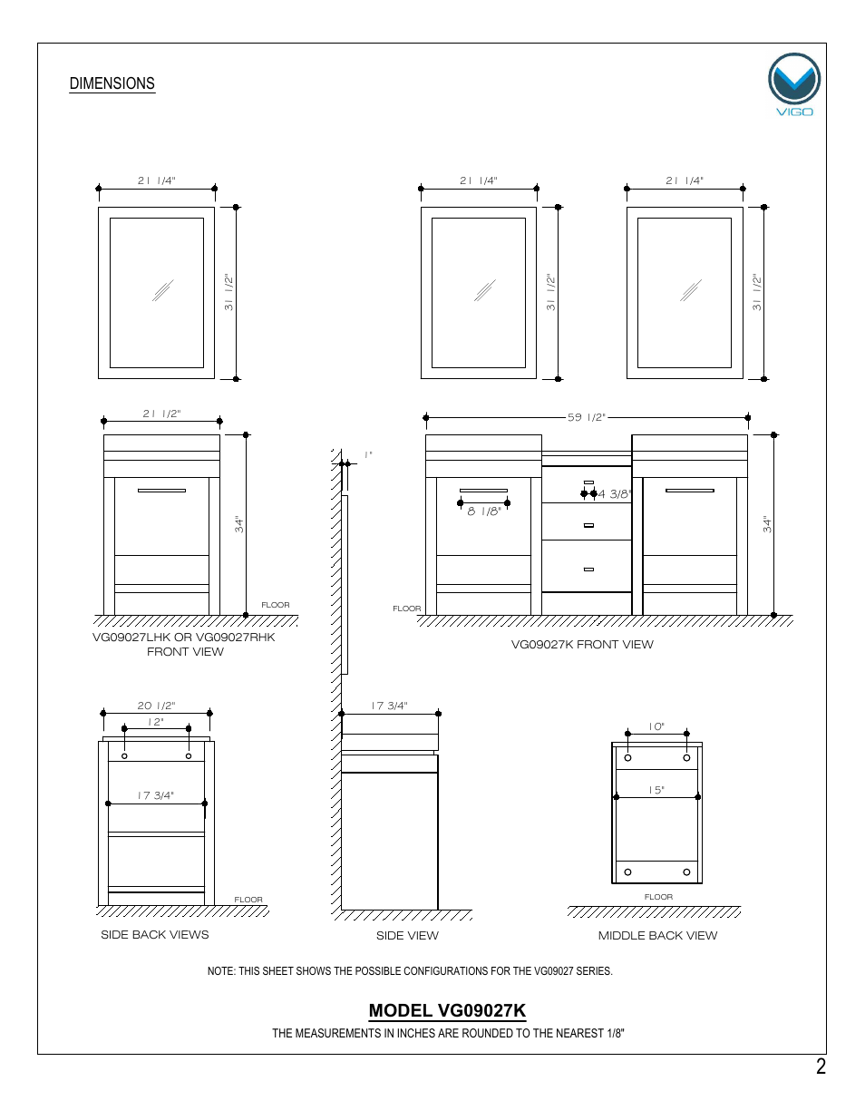 Dimensions | Vigo VG09027K User Manual | Page 2 / 7