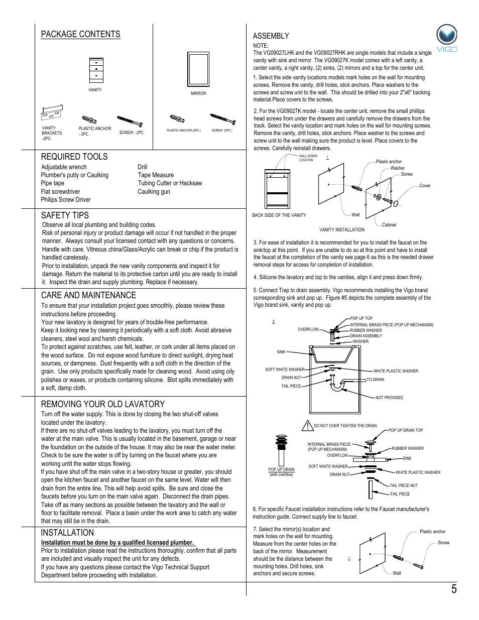 Package contents, Removing your old lavatory, Assembly | Vigo VG09027K User Manual | Page 5 / 7