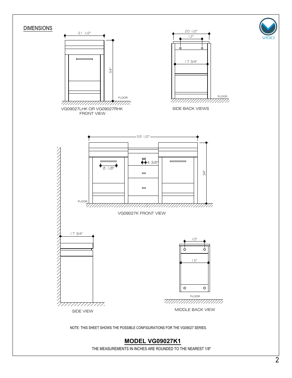 Dimensions | Vigo VG09027K1 User Manual | Page 2 / 7