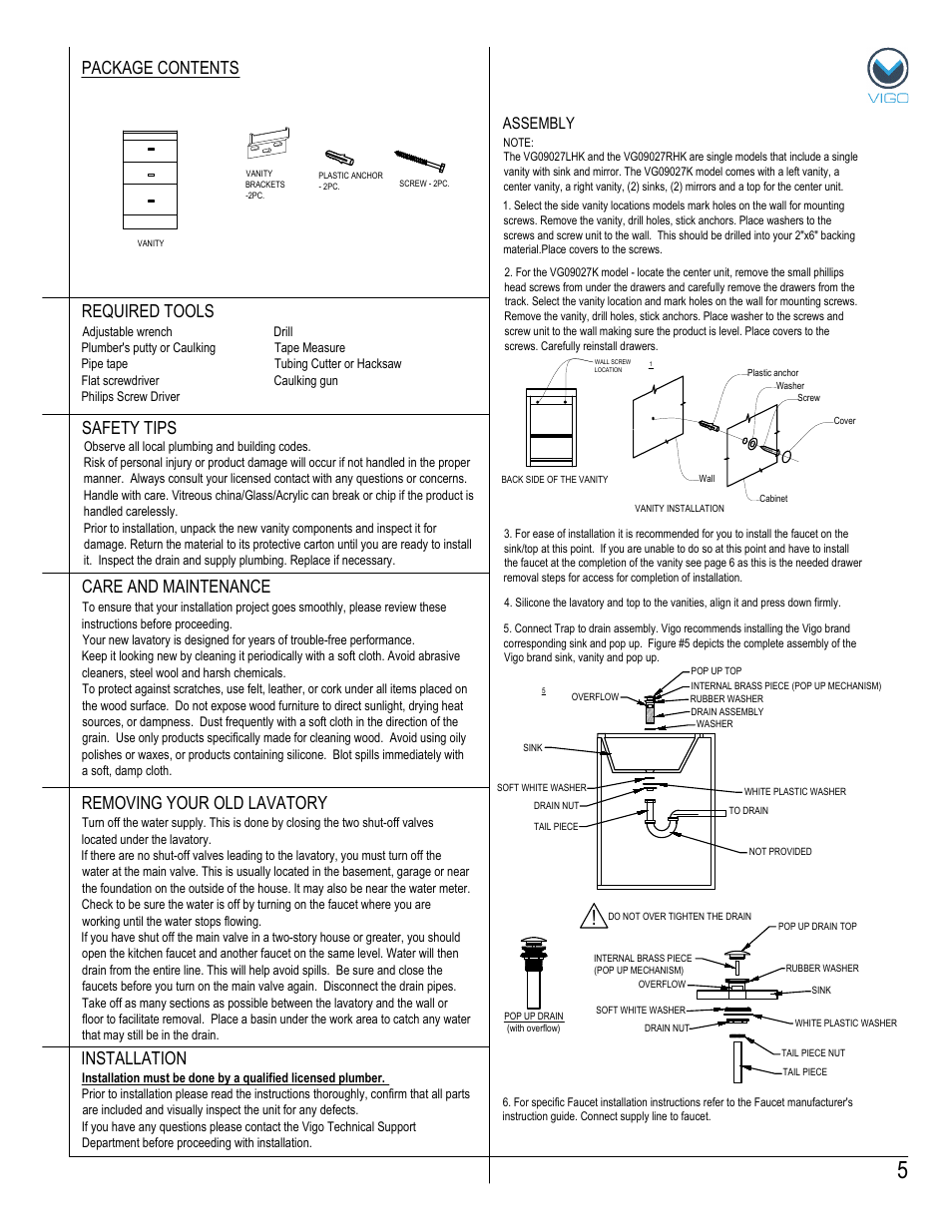 Package contents, Removing your old lavatory, Assembly | Vigo VG09027K1 User Manual | Page 5 / 7