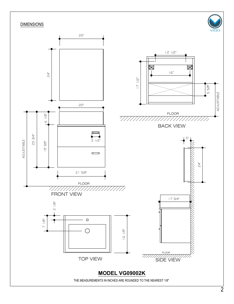 Front view, Top view back view, Side view | Dimensions | Vigo VG0902K User Manual | Page 2 / 7