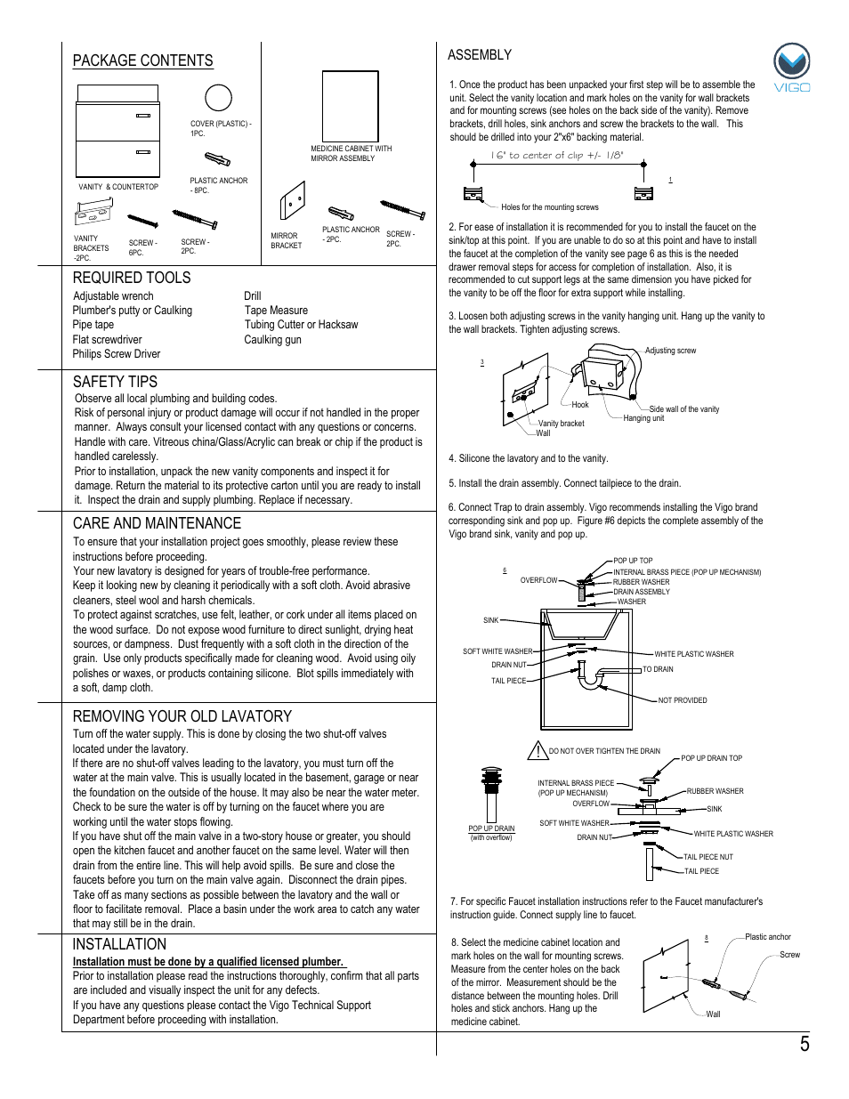 Package contents, Removing your old lavatory, Assembly | Vigo VG0902K User Manual | Page 5 / 7