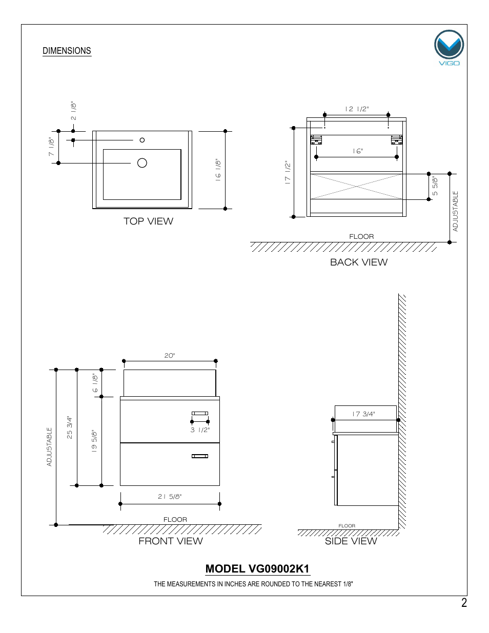 Front view, Top view back view, Side view | Dimensions | Vigo VG0902K1 User Manual | Page 2 / 7