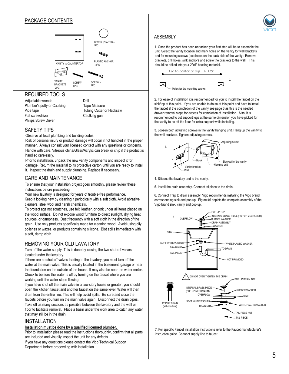 Removing your old lavatory, Package contents, Assembly | Vigo VG0902K1 User Manual | Page 5 / 7