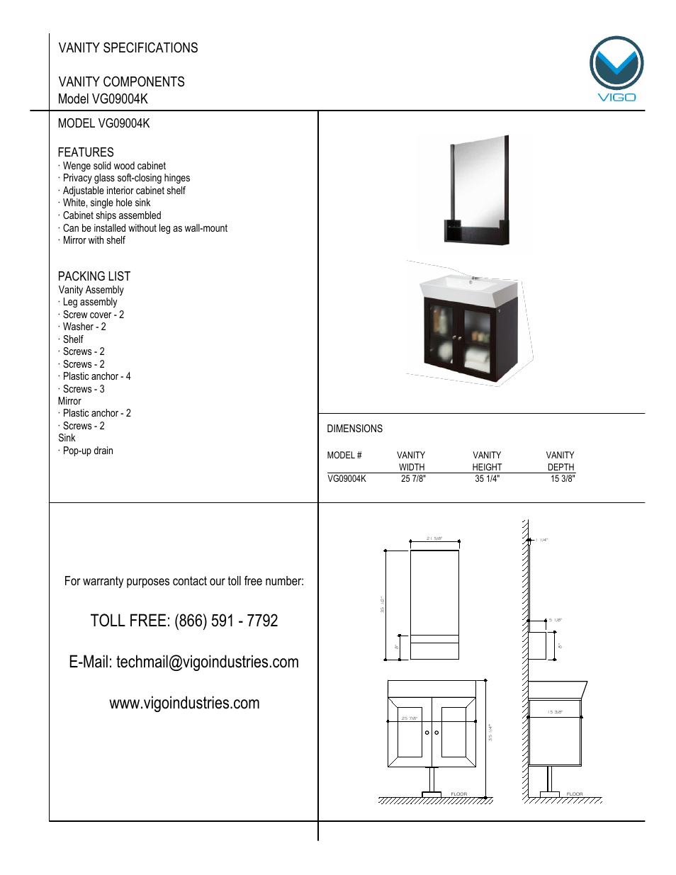 Vigo VG0904K User Manual | 7 pages