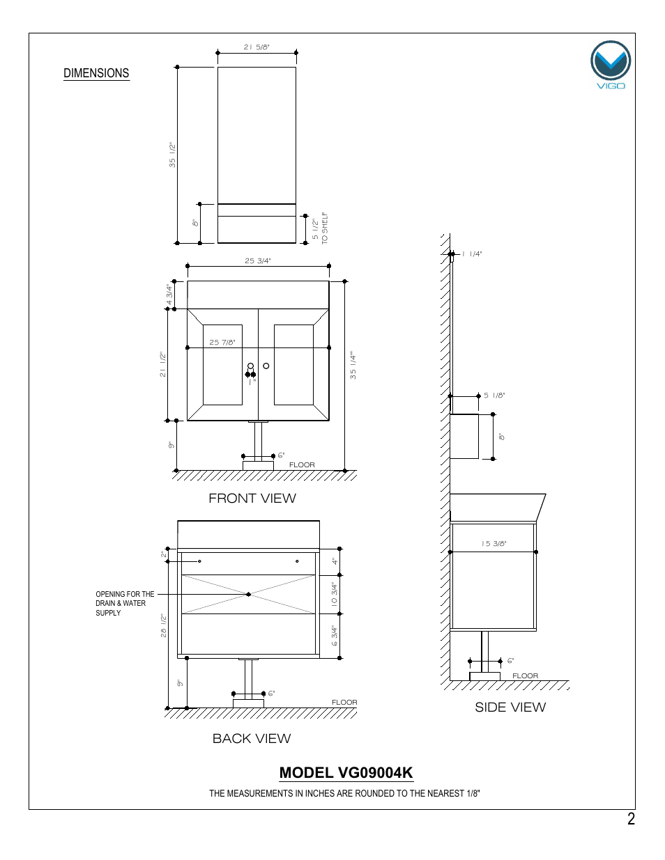 Front view, Side view, Back view | Dimensions | Vigo VG0904K User Manual | Page 2 / 7