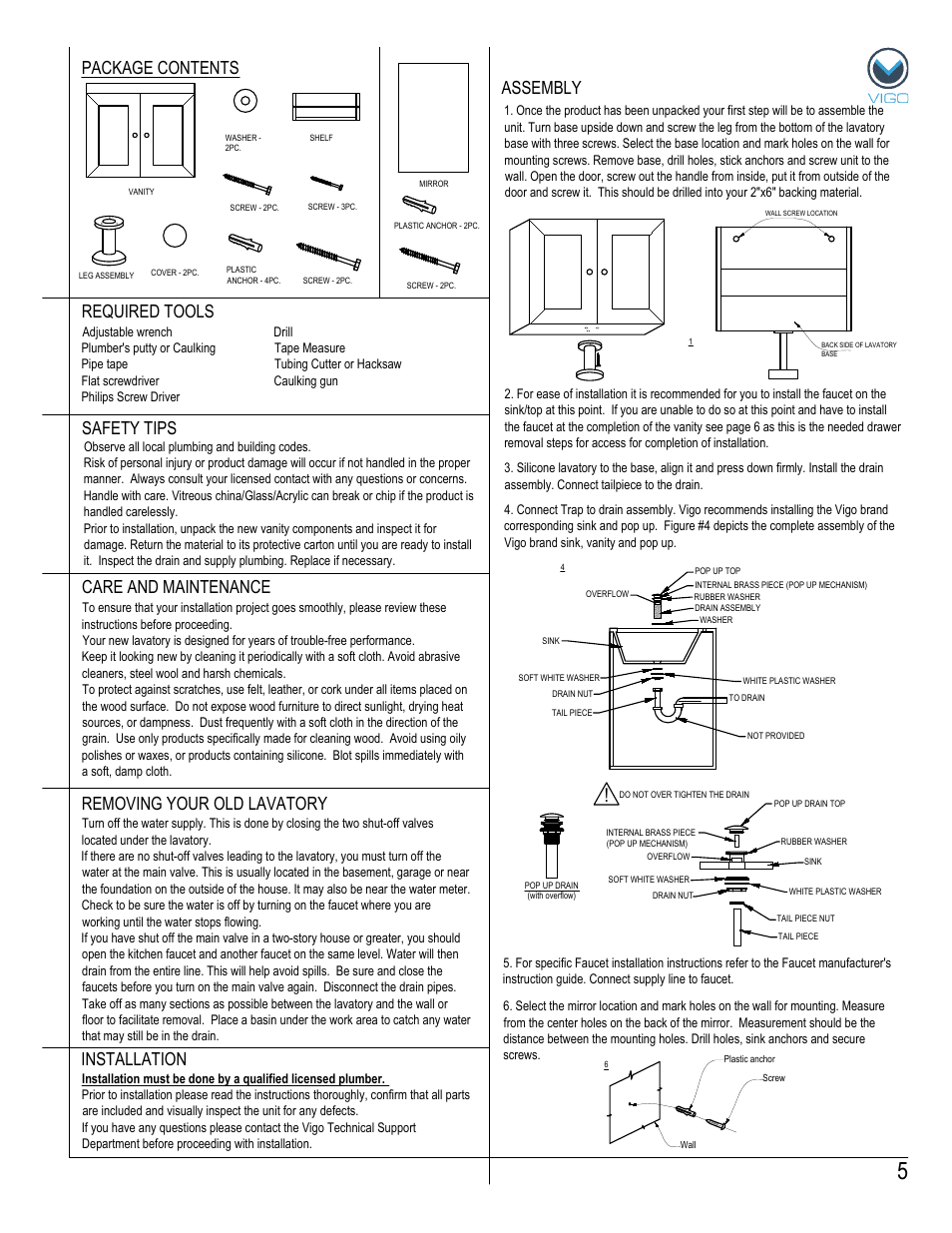 Package contents assembly, Removing your old lavatory | Vigo VG0904K User Manual | Page 5 / 7