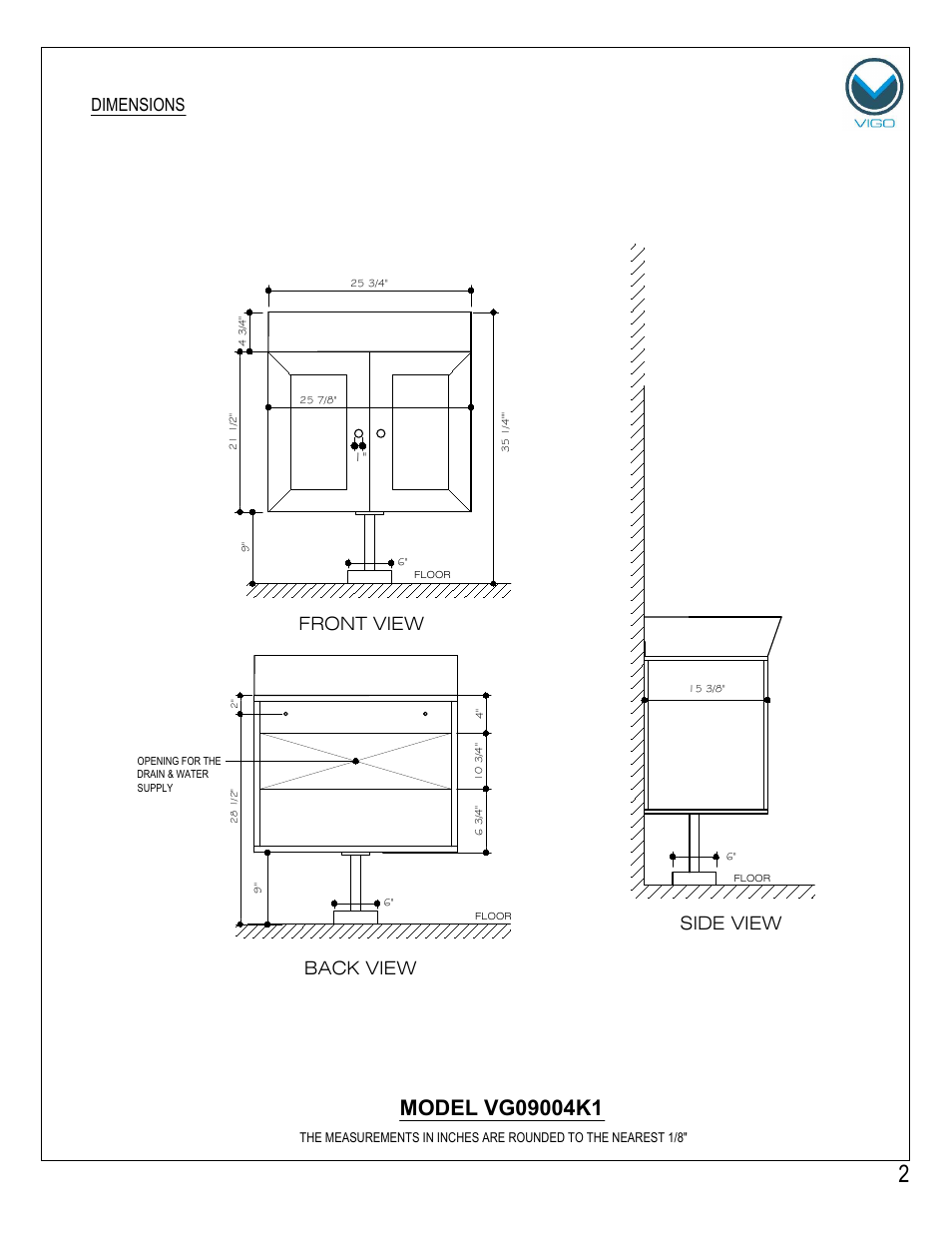 Front view, Side view, Back view | Dimensions | Vigo VG0904K1 User Manual | Page 2 / 7