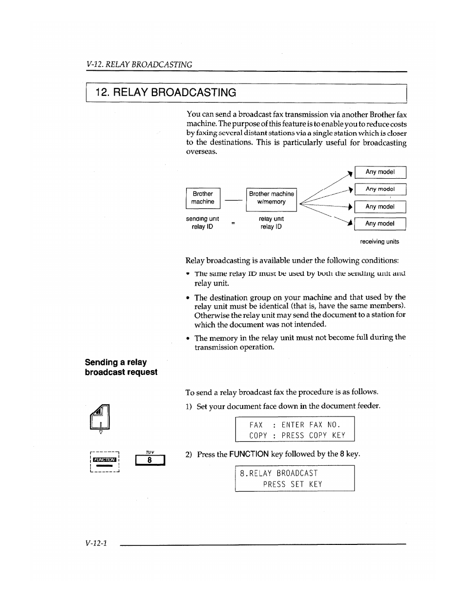 Relay broadcasting, Sending a relay broadcast request | Brother INSTAFAX FAX2100M User Manual | Page 126 / 172
