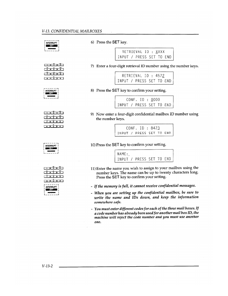 Retrieval id : 4572 input / press set to end, Cone, id : 0000 input / press set to end, Cone. id : 8423 | Name:_ input / press set to end, Input / press set, V-13. confidential mailboxes, V-13-2 | Brother INSTAFAX FAX2100M User Manual | Page 130 / 172