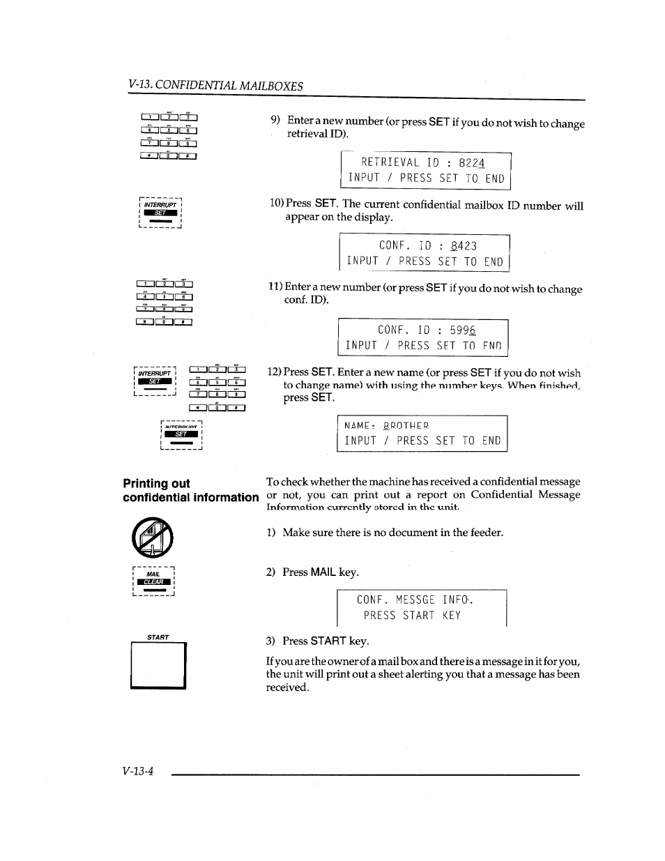 Retrieval id : 8224 input / press set to end, Cone. id : 8423 input / press set to end, Cone. id : 5996 input / press set to end | Name: brother, Input / press set to end, Conf. messge info-. press start key | Brother INSTAFAX FAX2100M User Manual | Page 132 / 172