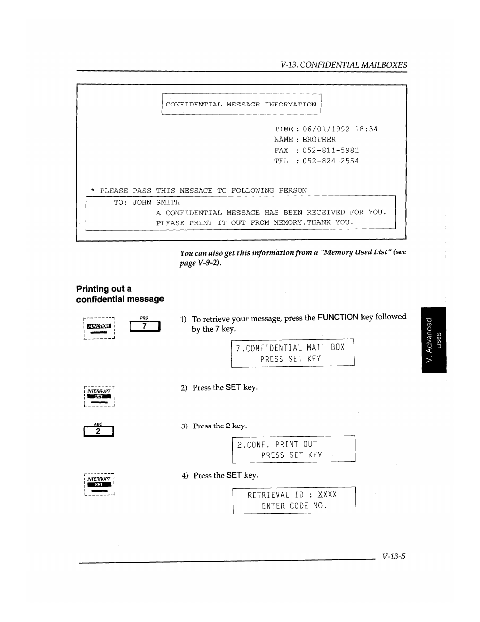 Printing out a confidentiai message, Confidential mail box press set key, Cone. print out press set key | Retrieval id : xxxx enter code no | Brother INSTAFAX FAX2100M User Manual | Page 133 / 172