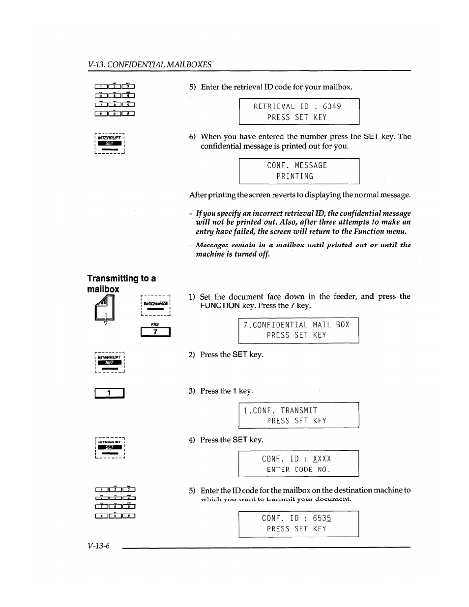 Transmitting to a mailbox, Retrieval id : 6349 press set key, Cone. message printing | Confidential mail box press set key, L.conf. transmit press set key, Cone, id : 6535 press set key | Brother INSTAFAX FAX2100M User Manual | Page 134 / 172