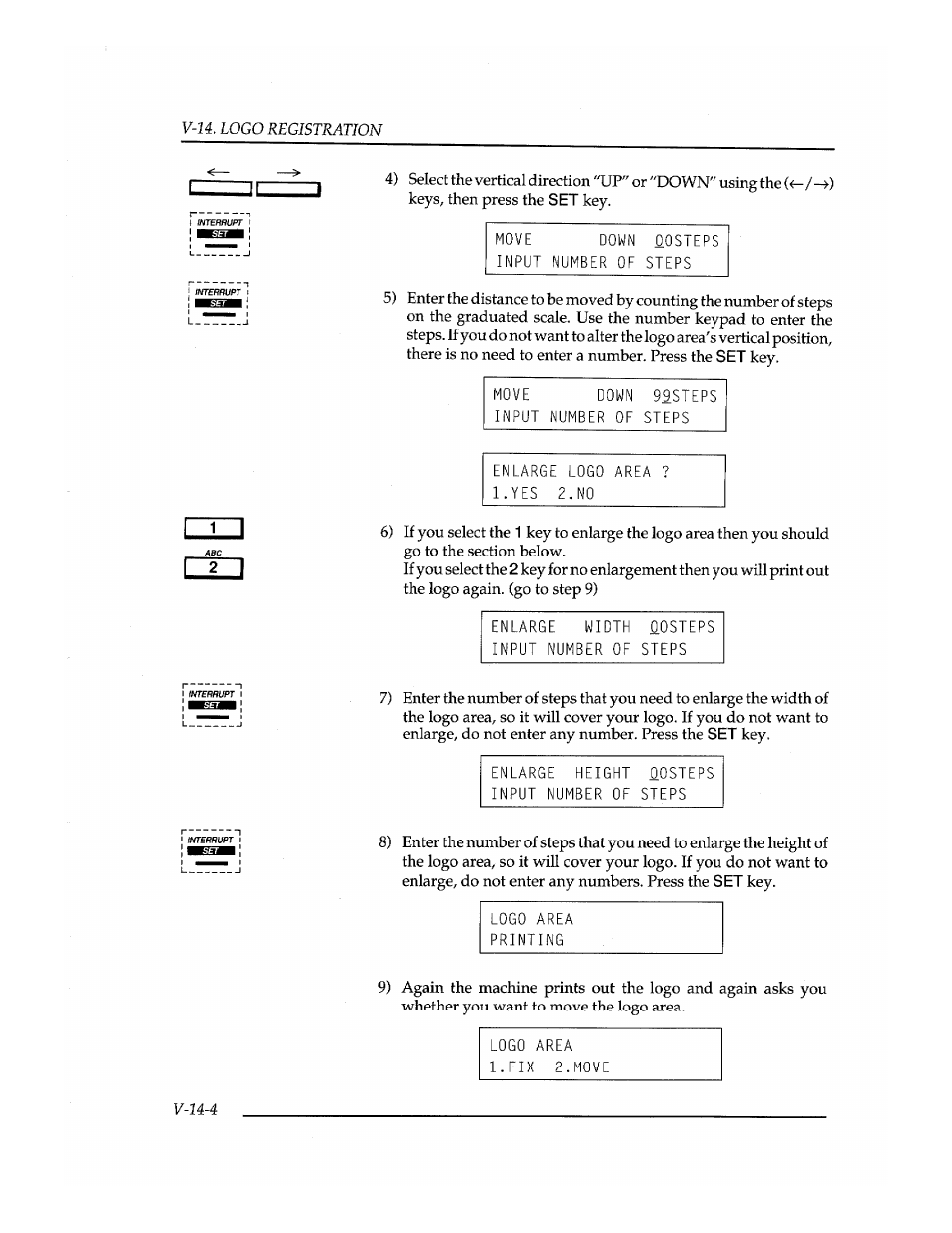 Move down oosteps input number of steps, Enlarge width oosteps input number of steps, Enlarge height oosteps input number of steps | Logo area printing, Logo area l.fix 2.mo ve, V-14. logo registration, V-u-4 | Brother INSTAFAX FAX2100M User Manual | Page 140 / 172