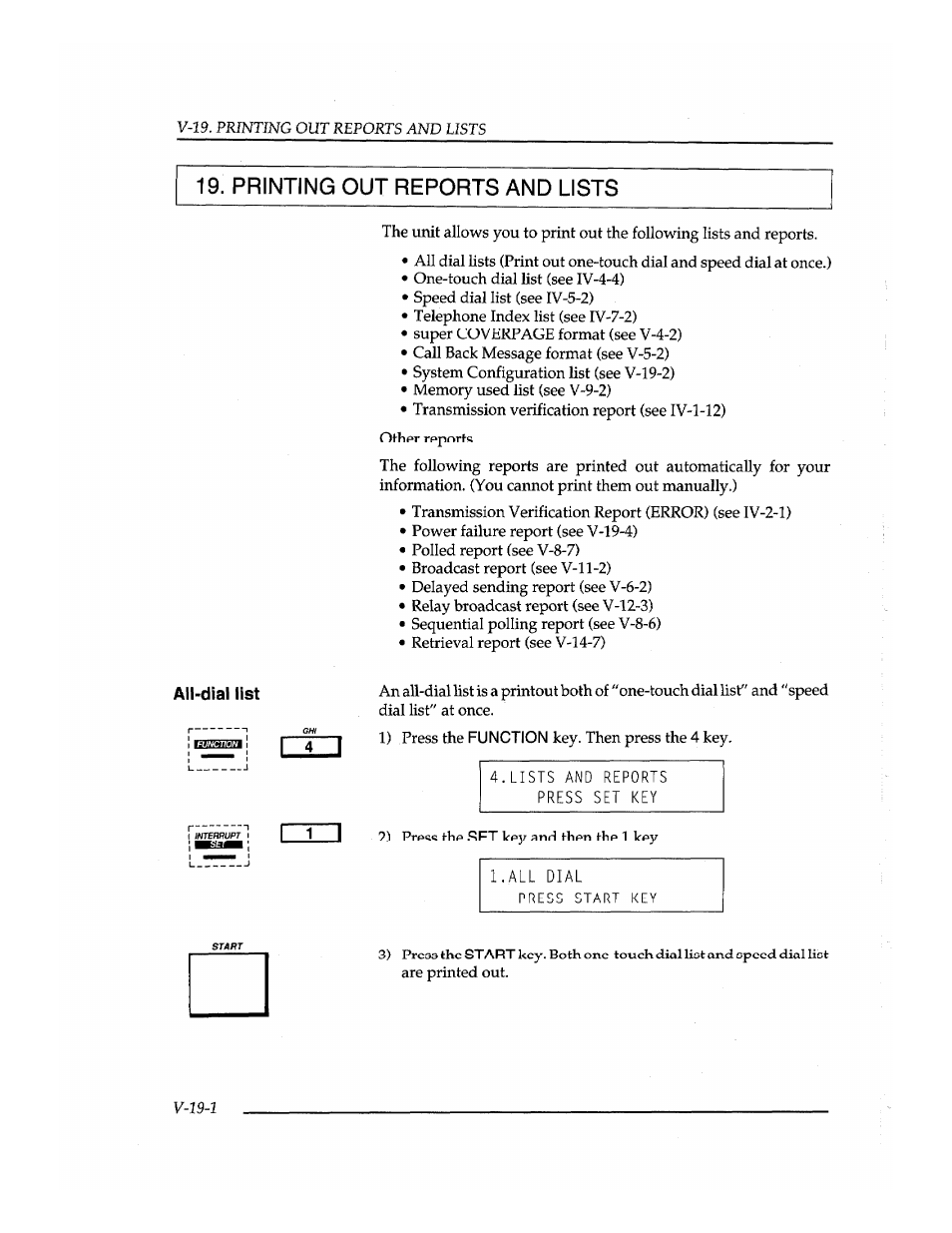 Printing out reports and lists, All-dial list, V-19 | Brother INSTAFAX FAX2100M User Manual | Page 150 / 172