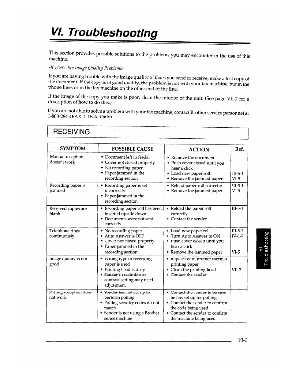 Vi. troubleshooting, Receiving | Brother INSTAFAX FAX2100M User Manual | Page 155 / 172