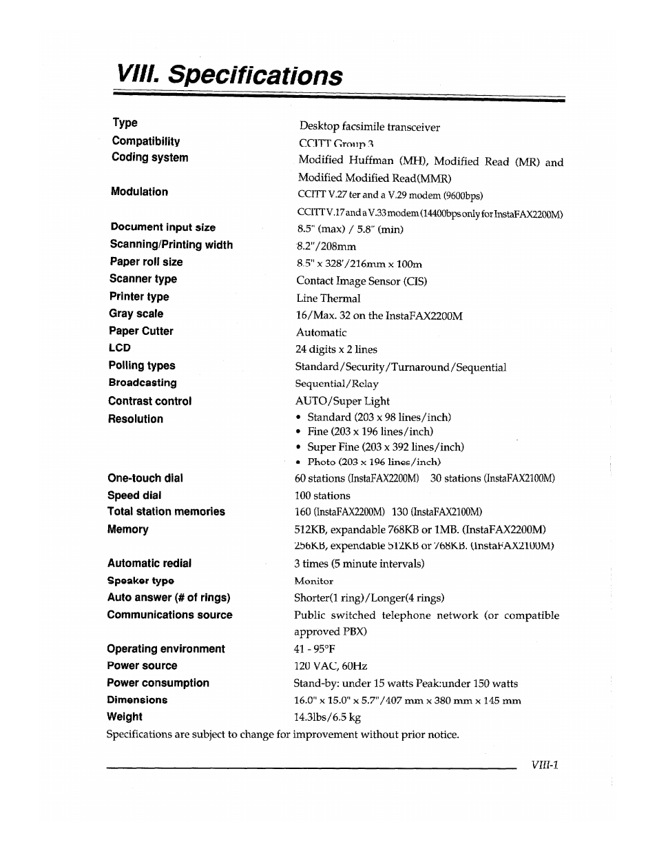 Vili. specifications, Specifications, Vili | Brother INSTAFAX FAX2100M User Manual | Page 169 / 172