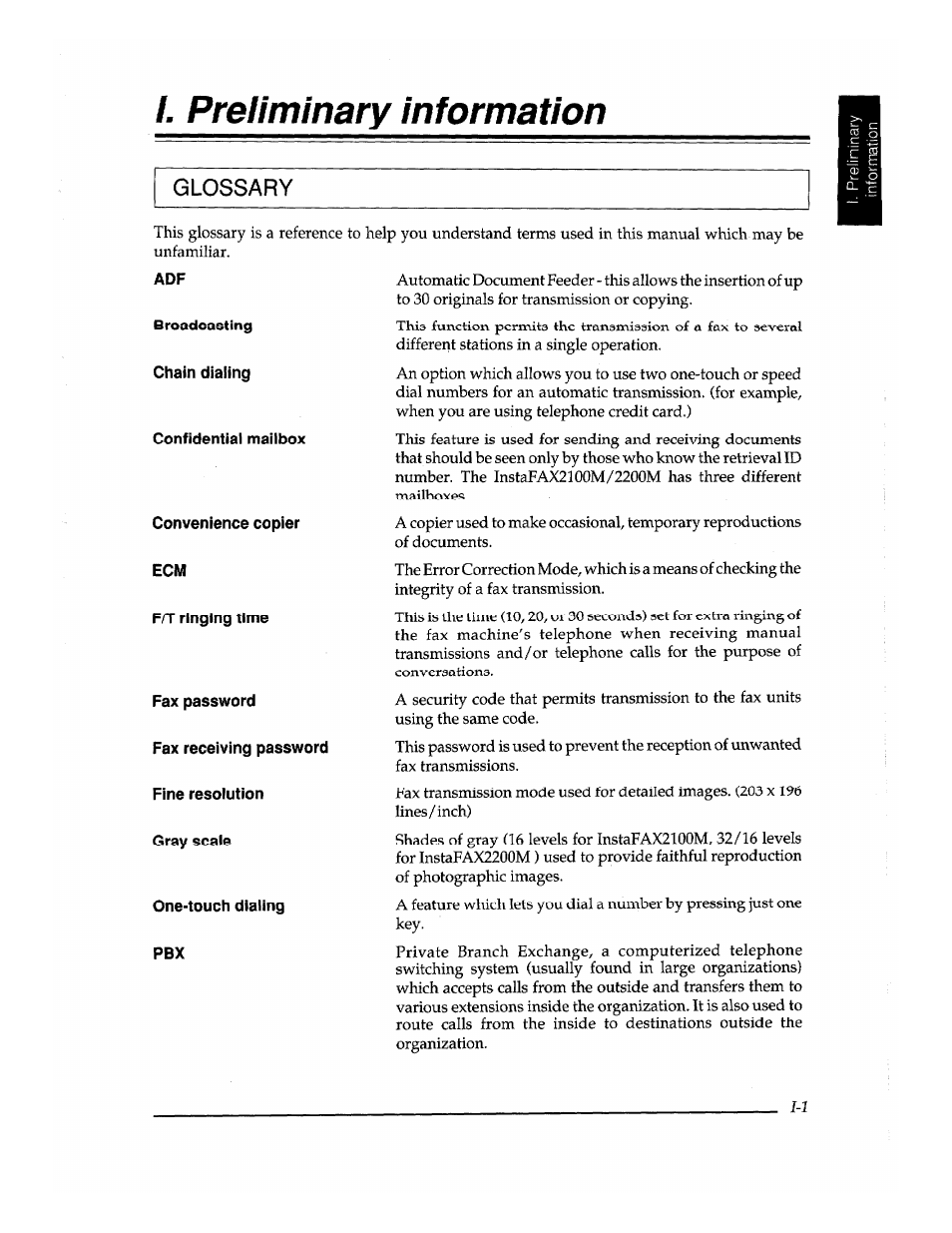 I. preliminary information, Glossary | Brother INSTAFAX FAX2100M User Manual | Page 21 / 172